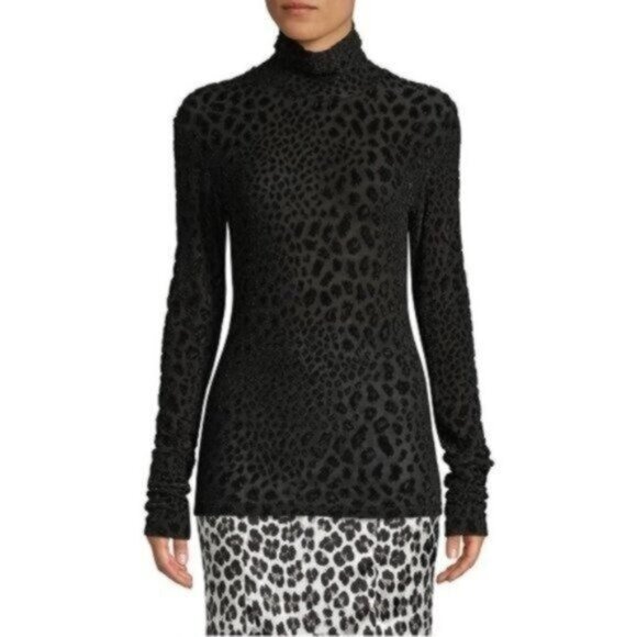 Caroline Constas Delphine Leopard Turtleneck Top XS Black Shimmer Velvet Flocked - Picture 2 of 9